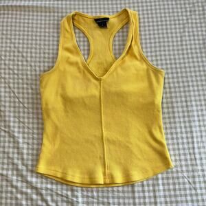 Yellow V neck racerback tank top, built in shelf bra, casual athletic